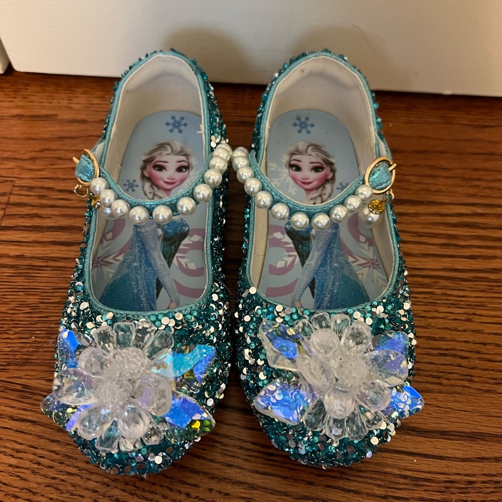Sparkly Blue Elsa Shoes with Pearl Velcro Strap